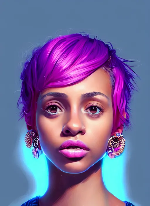 Image similar to portrait of teenage vanessa morgan with bright pink hair, vanessa morgan, curly pixie cut hair, wearing a purple breton cap, breton cap, hoop earrings, intricate, elegant, glowing lights, highly detailed, digital painting, artstation, concept art, smooth, sharp focus, illustration, art by wlop, mars ravelo and greg rutkowski