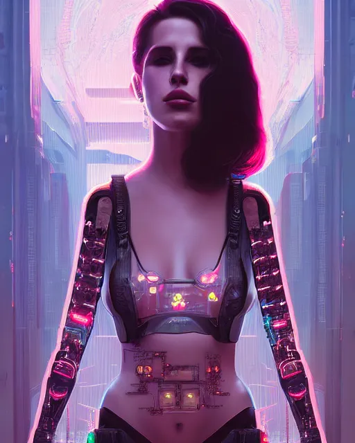 Image similar to portrait of lana del rey as a cyberpunk cyborg. roses, sci - fi, intricate abstract, upper body, intricate artwork, by tooth wu, wlop, beeple, dan mumford. concept art, 8 k octane render, deviantart, greg rutkowski, cinematic, key art, hyperrealism, iridescent accents