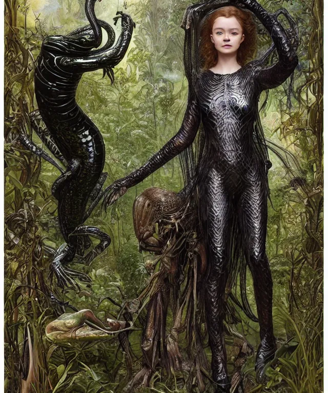 Prompt: a portrait photograph of sadie sink as a strong alien harpy queen with amphibian skin. she is dressed in a black lace shiny metal slimy organic membrane catsuit and transforming into a snake antilope. by donato giancola, walton ford, ernst haeckel, peter mohrbacher, hr giger. 8 k, cgsociety, fashion editorial