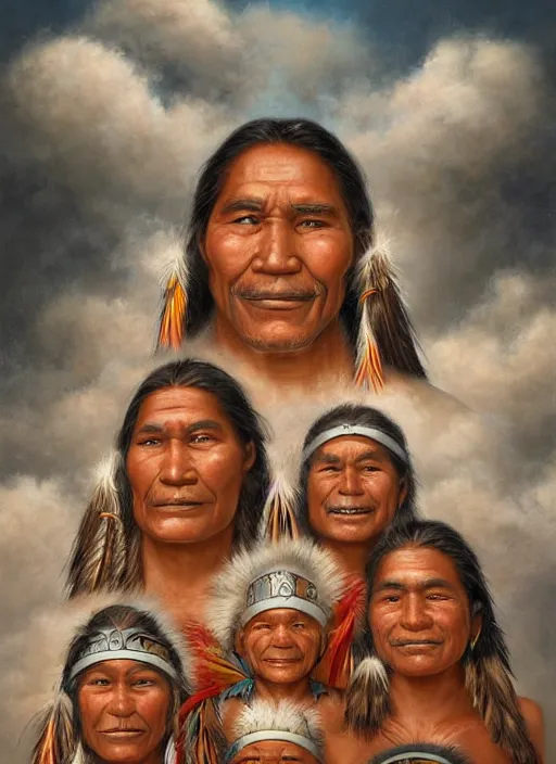 Image similar to faces of indigenous amazonian grandfathers and grandmothers spirits in the clouds, smiling, protection, benevolence, ancestors, detailed faces, art by christophe vacher