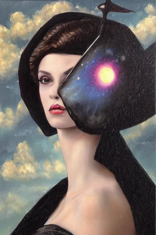 Image similar to hyperrealism oil painting, close - up portrait of european medieval brunette vampire fashion model, knight, steel gradient mixed with nebula sky, in style of baroque