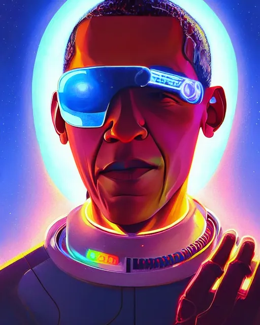 Image similar to obama as future coder man looking on, sleek cyclops display over eyes and sleek bright headphoneset, neon accent lights, holographic colors, desaturated headshot portrait digital painting by dean cornwall, rhads, john berkey, tom whalen, alex grey, alphonse mucha, donoto giancola, astronaut cyberpunk electric