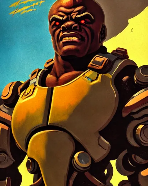 Image similar to doomfist from overwatch, character portrait, portrait, close up, concept art, intricate details, highly detailed, vintage sci - fi poster, retro future, vintage sci - fi art, in the style of chris foss, rodger dean, moebius, michael whelan, and gustave dore