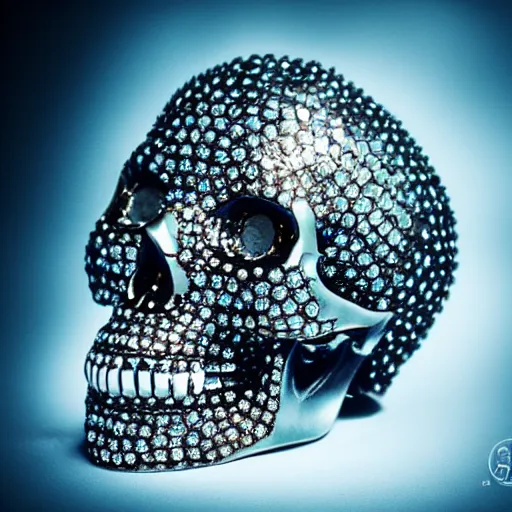 Image similar to jewelry skull made of holographic crystals, high contrast, close shot, commercial, studio light, dark background