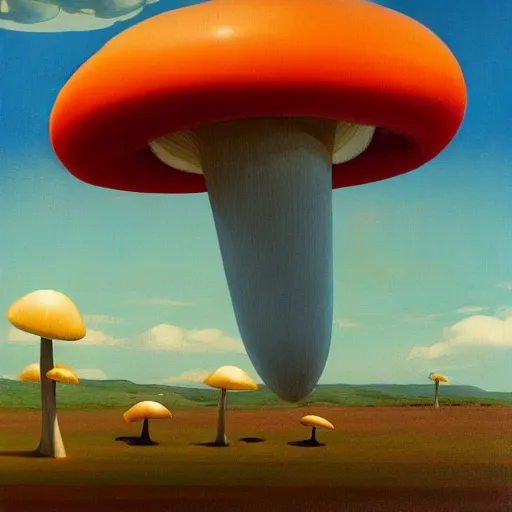 Image similar to Giant mushrooms fly through the air, as a tornado approaches, by Takashi Murakami, Edward Hopper, Bo Bartlett, and Cynthia Sheppard, Artstation