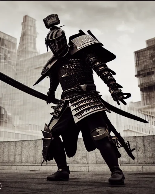 Image similar to photoreal professional character concept art, physically based octane render of a musicpunk samurai, wearing epic level 99 armour :: cinematic action posing, full view, epic, centered composition, beautiful, a vast orchestra chamber hall in the background