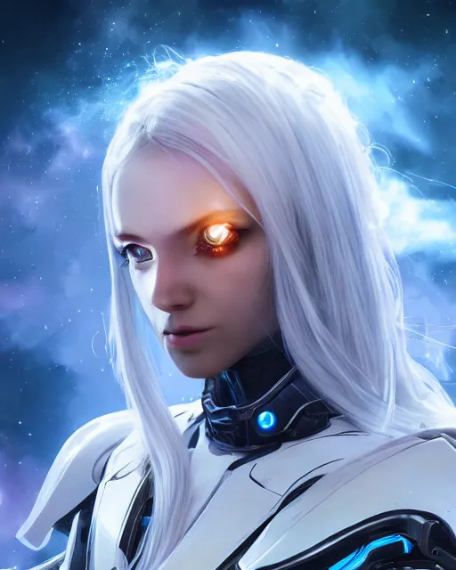 Image similar to perfect android girl on a mothership, warframe armor, beautiful face, scifi, futuristic, galaxy, nebula, raytracing, dreamy, long white hair, blue cyborg eyes, sharp focus, cinematic lighting, highly detailed, artstation, divine, by gauthier leblanc, kazuya takahashi, huifeng huang