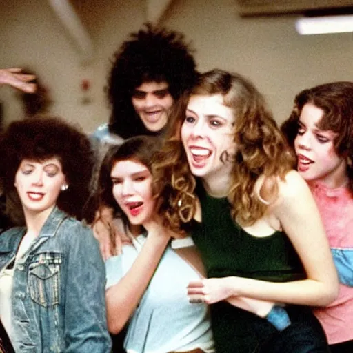 Prompt: 1 9 8 0 s teen movie party scene with high school kids trashing rich parents ’ house, alison brie, mary elizabeth winstead, and rihanna are dancing and laughing