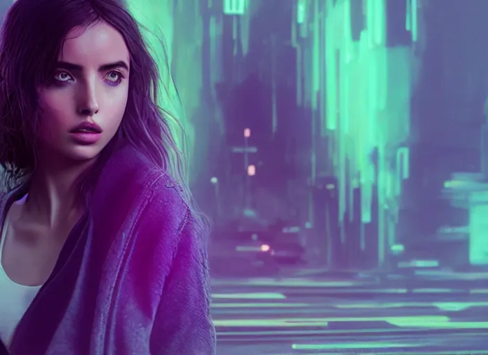 Image similar to beautiful Ana de Armas, blade runner 2049, long flowing hair, trending on artstation, unreal engine, purple neon, green rain, matte painting