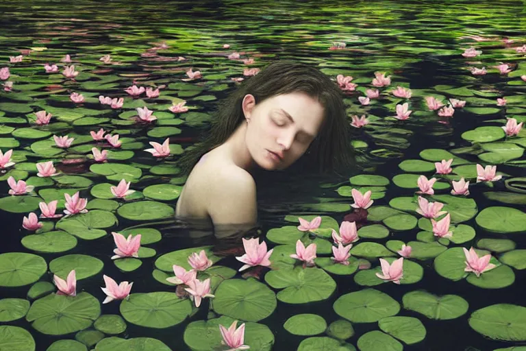 Image similar to hyperrealistic dark colour photograph of a woman's face floating in a pond, surrounded by a forrest of lillies, deep focus, intricate, elegant, highly detailed, matte, sharp focus, photography by bill henson