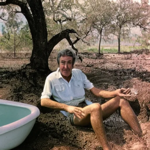 Prompt: autochrome photograph of Randy Mantooth sitting in a bathtub filled with mud under a tree