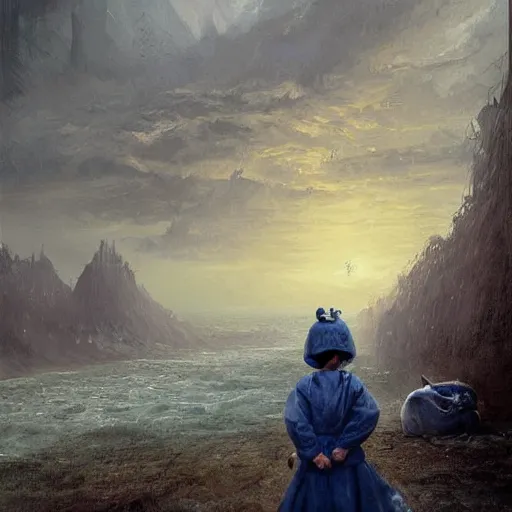 Image similar to hell, with real demons and little girls wearing a blue and white fishing hats by Greg Rutkowski, tonalism, extremely detailed, UHD, correct faces, real hellscape in background, hyperrealistic hell