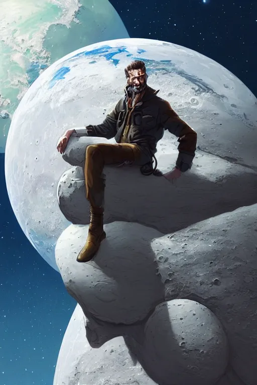 Image similar to Man sitting on the moon with a view of the earth in the background, elegant, digital painting, highly detailed, artstation, concept art, smooth, sharp focus, illustration, art by artgerm and greg rutkowski.