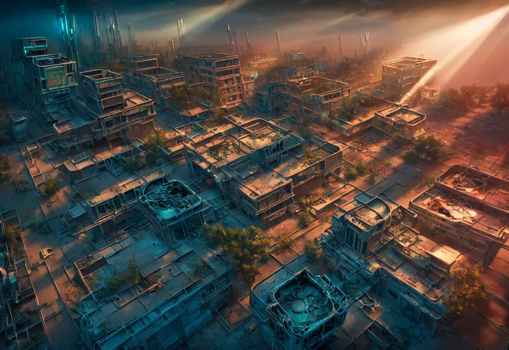 Prompt: A highly detailed crisp unreal engine render of aerial drone photo of A beautiful futuristic cyberpunk abandoned city building with neon fine lights, plants allover , godray, sunlight breaking through clouds, clouds, debris on the ground, abandoned machines bright colors, isometric, nitid horizon, factory by wangchen-cg, 王琛,Neil blevins, artstation, Gediminas Pranckevicius