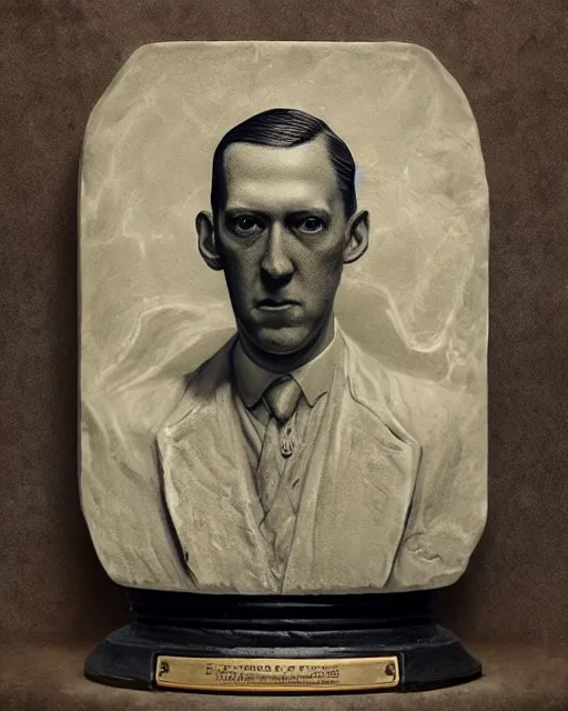 Prompt: portrait of a 1 9 2 0 s h p lovecraft as. a bar relief sculpture on a base, scholarly appearance, detailed face, 2 0 th century, highly detailed, cinematic lighting, digital art painting by greg rutkowski