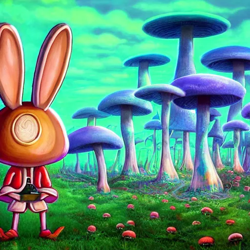 Image similar to 4 k headshot portrait of a psychedelic demonic anthropomorphic bunny rabbit with mushroom themed clothes, magic mushroom village in background by jeff easley, award winning, stylized neon, post - processing, masterpiece, superb resolution. in the art style of junji ito and greg rutkowski. detailed mushroom city in background. hyper realistic anime. perfect art. dalle 2