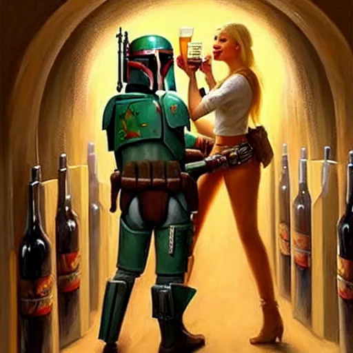 Image similar to Boba Fett and a beautiful young blonde drinking beer in a wine cellar, food, meat, schnapps, torches on the wall, romantic, inviting, cozy, painting by Vladimir Volegov