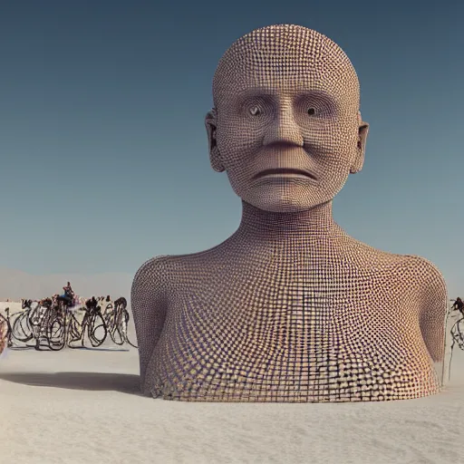 Prompt: highly detailed 3d render of burning man festival sculpture of man made of cornflowers by Beeple