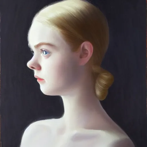 Prompt: Painting of Elle Fanning in pitch black water, only the top half of her face is visible, long blonde hair, delicate, pale milky white porcelain skin, by Edward Hopper. 8K. Extremely detailed.
