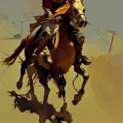 Prompt: portrait of rider wearing medieval clothes galloping, detailed by greg manchess, craig mullins, bernie fuchs, walter everett