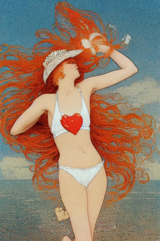 Image similar to A girl in a white lacy bikini and white sun hat and Holding a heart-shaped lifebuoy, jumping for joy,long orange hair floating on air ,Waves and sand and clouds in the background ,Smooth visual lines,graphic Design by mucha