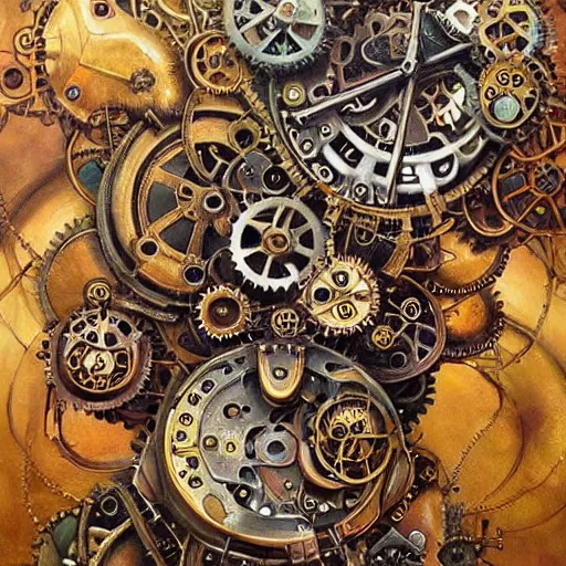Prompt: beautiful steampunk mechanical flowers, detailed oil painting,