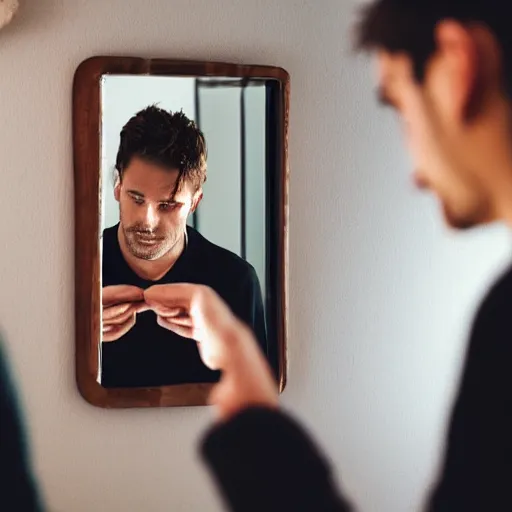 Prompt: Man looking at himself in an invite mirror