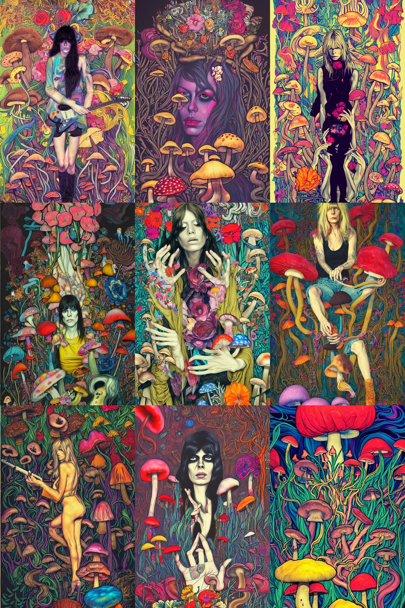 Prompt: the velvet underground and nico playing live on stage, beautiful stage decoration with flowers and mushrooms in the background, painting by james jean, very detailed and colorful and ornamental and moody and relaxed and high on drugs, trending on artstation, behance contest winner