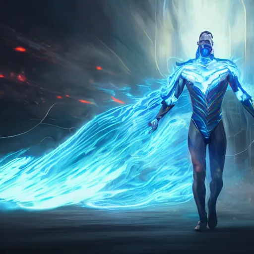 Prompt: savitr, savitar god of speed in magical world, blue light, clear face, full body, digital painting, illustration, by greg rutkowski, artstation, devainart, glowing effect, hyperdetailed, hyperreal, 8 k, atmospheric, cinematic lighting, golden ratio