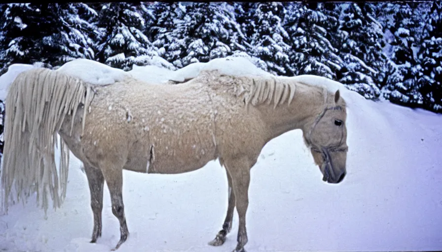 Prompt: 1 9 6 0 s movie still close up of marcus aurelius frozen to death under the snow, a horse frozen under the snow by the side of a river with gravel, pine forests, cinestill 8 0 0 t 3 5 mm, high quality, heavy grain, high detail, texture, dramatic light, anamorphic, hyperrealistic, detailed hair, foggy