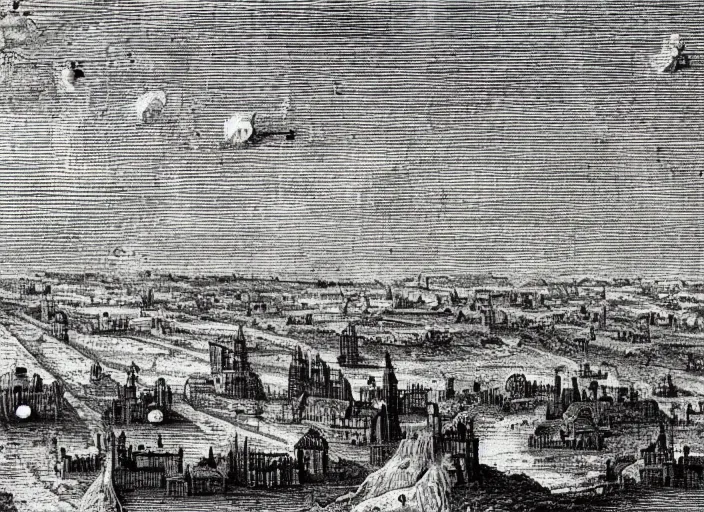 Prompt: detail from Hollar’s Panoramic view of a Martian city, 1647