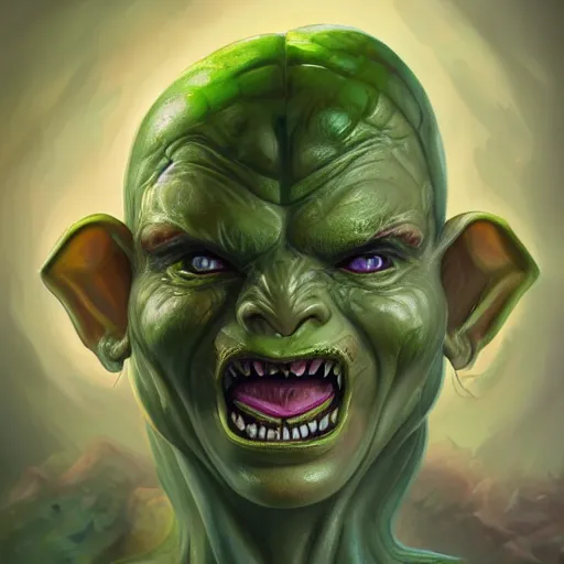 Image similar to headshot of a dnd goblin, a white clouded eye and a scar, wicked smile, greenish skin, painting in the style of boris vallejo and Jeff Easley, digital art, photoshop, trending on artstation,