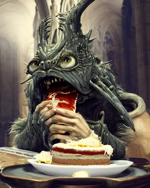 Prompt: highly detailed closeup, face profile portrait of a movie gremlin eating cakes in the cathedral, depth of field, fashion photoshoot by hyung tae, frank frazetta, bosch, giger, breathtaking, detailed and intricate environment, 8 k resolution, hyperrealistic, octane render