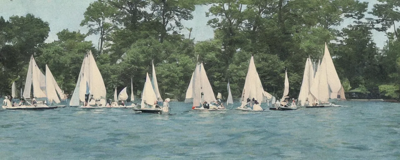 Prompt: a group ladies sailing 1920s pond yachts. Lush garden. Art nouveau architecture