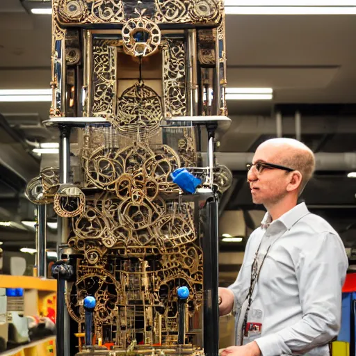 Prompt: a random pointlessly elaborate intricate contraption pneumatic machine with no apparent purpose, being operated by a scholarly looking man with a clear directed gaze, xf iq 4, f / 5. 4, iso 2 0 0, 1 / 1 6 0 s, 8 k, raw, unedited, symmetrical balance, in - frame