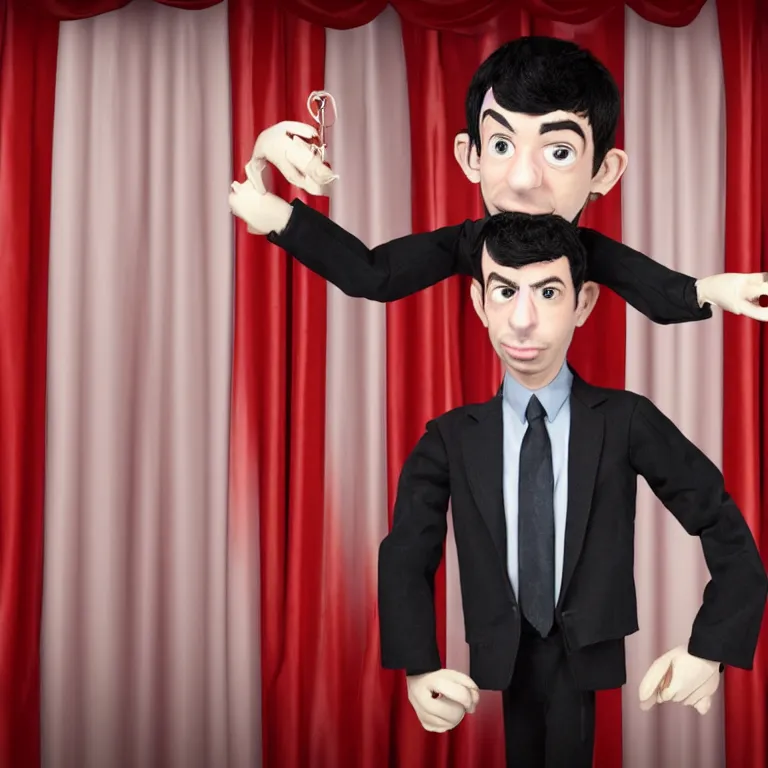 Prompt: dslr photograph of nathan fielder from nathan for you on comedy central behind a puppet stage with a red curtain as multiple marionette puppets controlled by hands holding the strings, high detail!!! 8 k photorealism sharp focus volumetric lighting, coherent!!! art directed
