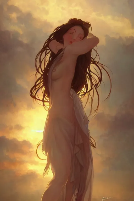 Image similar to 3 / 4 portrait dancing in the sunset a seductive meditation goddess in the style of artgerm, wlop, greg rutkowski, alphonse mucha and ayami kojima, realistic details, volumetric lighting, very very very very beautiful symmetrical face, trending on artstation, artstationhd, artstationhq, unreal engine, 4 k, 8 k