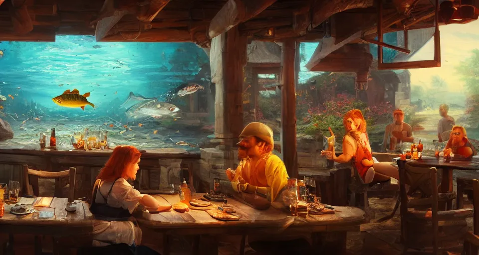 Prompt: a beautiful painting of a fish at a tavern, gigantic, octane render, brilliantly coloured, intricate, ultra wide angle, trending on artstation, dusk, volumetric lighting, polished, micro details, ray tracing, 8k