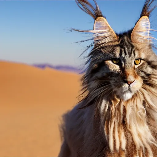 Prompt: Fluffy Maine Coon riding on a poney in the desert. Highly realistic. Highly detailed. High resolution. 4k. 8k