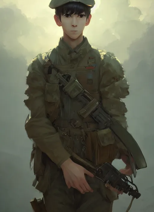 Image similar to a portrait of a male young soldier, intricate, tone mapped, ambient lighting, highly detailed, digital painting, artstation, concept art, 4 k, stunning beautiful, sharp focus, by makoto shinkai and akihiko yoshida and hidari and wlop