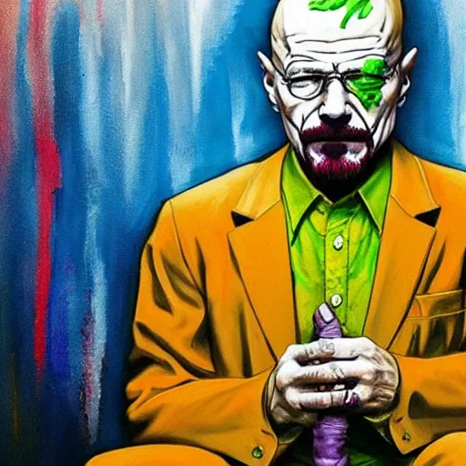 Image similar to walter white wearing the joker suit, dripping paint