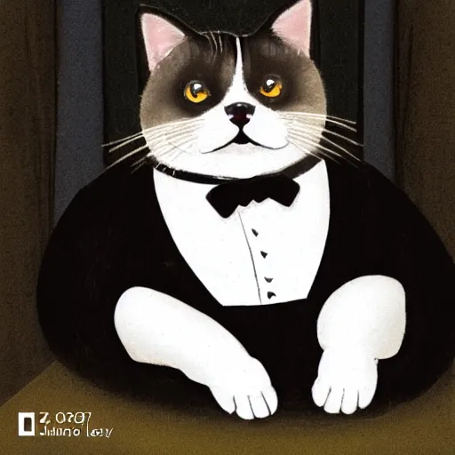 Image similar to photograph of a very fat and judgmental cat wearing a full tuxedo sitting in a dimly lit parlor lounge