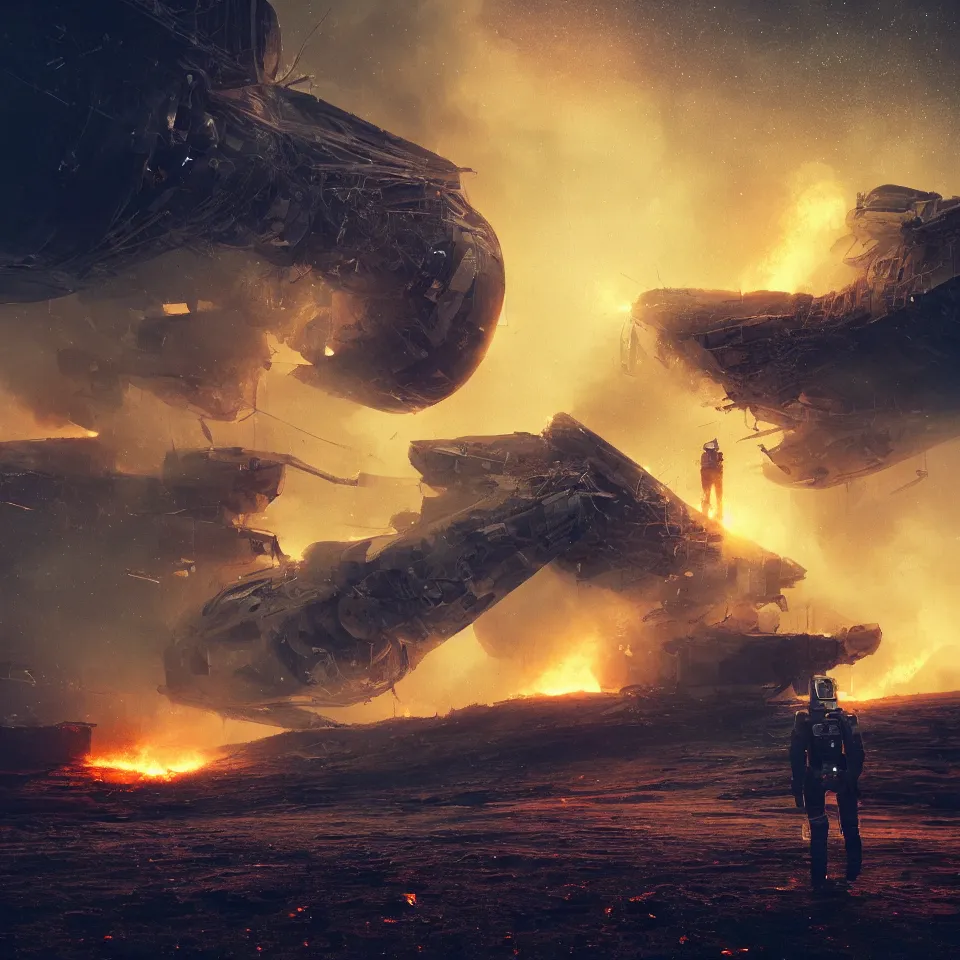 Image similar to beautiful dark landscape, astronaut standing looking, wrecked spacecraft destroyed on fire, award winning artstation, beeple and Mike Winkelmann, intricate, epic lighting, cinematic composition, hyper realistic, 8k resolution