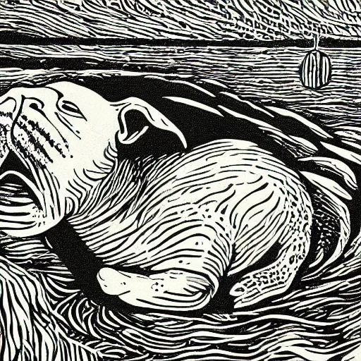 Image similar to freya the walrus in heaven, linocut