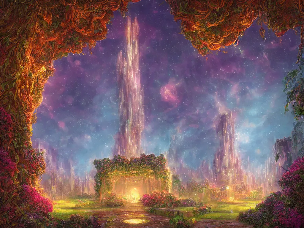 Image similar to beautiful highly detailed digital illustration of a celestial palatial garden with pillars of light towering above. by Andreas Rocha, colorful nebula in the night sky, stars, flowers and vines and creepers, establishing shot, cinematic, architecture, artstation HQ, HD, 8k resolution, featured in art magazine