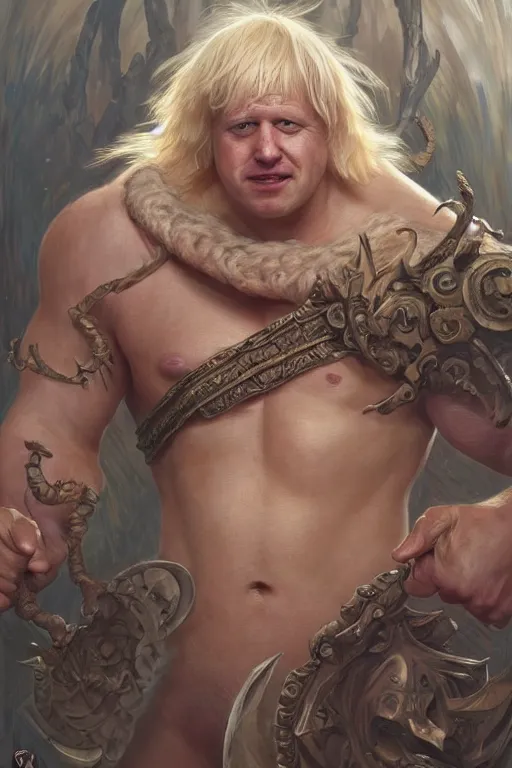 Image similar to portrait of boris johnson as a hulking herculean demon, forest, godlike, full body, fantasy, intricate, elegant, highly detailed, digital painting, artstation, concept art, sharp focus, illustration, art by artgerm and greg rutkowski and alphonse mucha