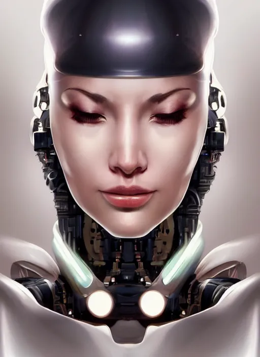 Image similar to portrait of a cyborg woman who turns her head to the right!! (((((left))))) (((((up))))) (((((down))))) by Artgerm,eyes closed , biomechanical, hyper detailled, trending on artstation