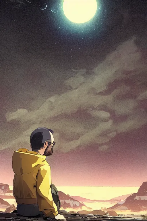 Prompt: walter white enjoying the view of a vast glimmering night sky, high intricate details, rule of thirds, golden ratio, cinematic light, 8 k, octane render, anime style, graphic novel by fiona staples and dustin nguyen, art by beaststars and orange, peter elson, alan bean, studio ghibli, makoto shinkai