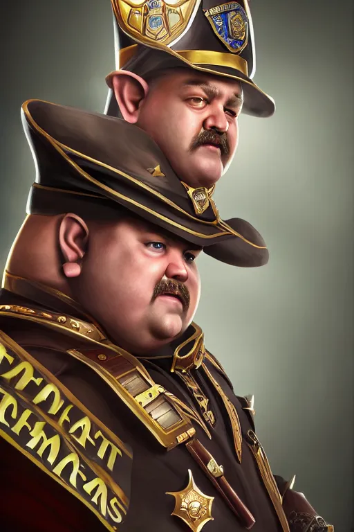 Image similar to high elf mall cop with a sheriff's badge that is fat, shifty, and incompetent, RPG portrait from the chest up, Oil Painting, hyperrealistic, Detailed Digital Art, dynamic lighting, Highly Detailed, Cinematic Lighting, 8k, HD