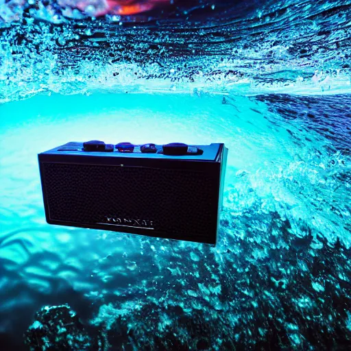 Prompt: 4 k sony a 7 wide angle photo stainless steel shiny reflective boombox speaker half submerged in water with a wave rolling over it in hawaii at dusk with neon lighting